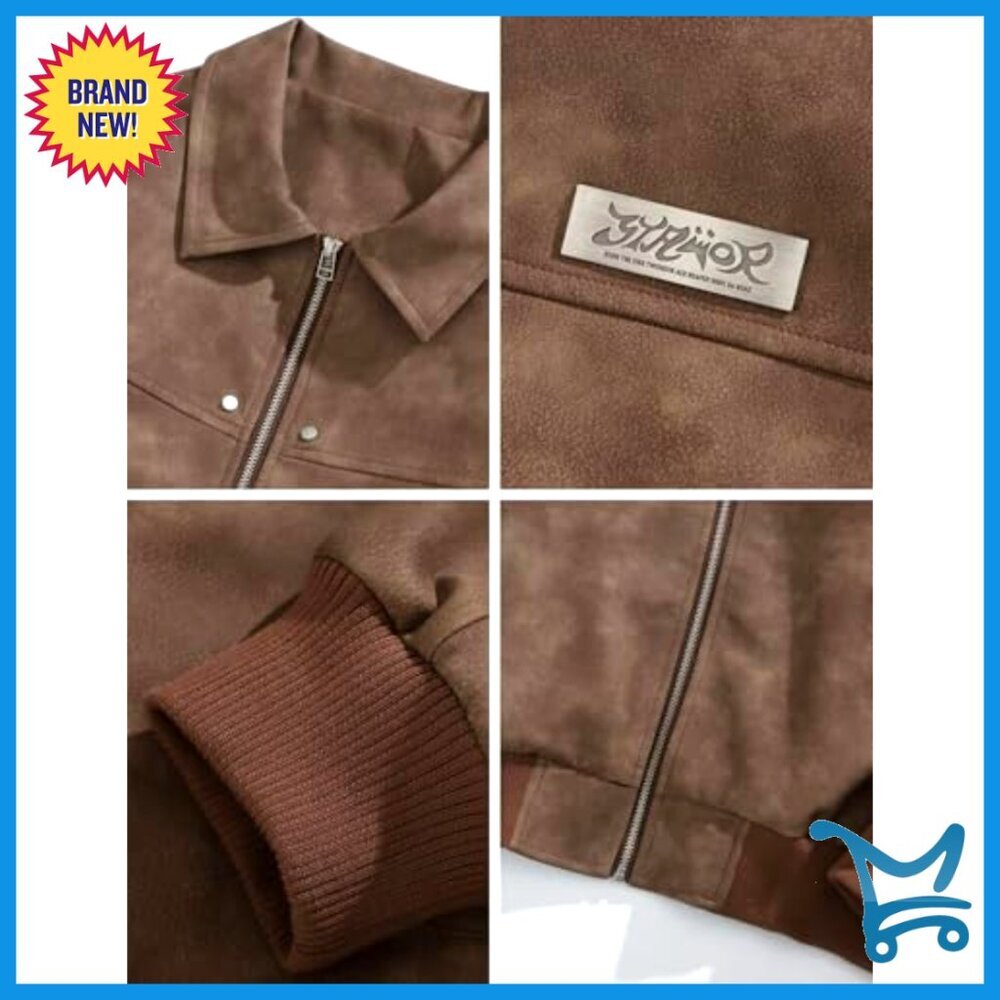 Men's Faux Leather Zip Up Bomber Jacket 90s Vintage Biker Streetwear Coat - Picture 6 of 7